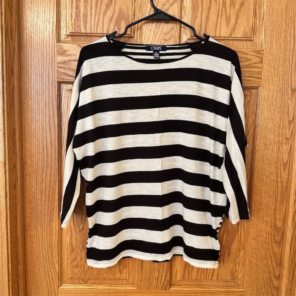 Chaps Womens Top Size L Black & White Striped Boat Neck Dolman 3/4 Sleeve